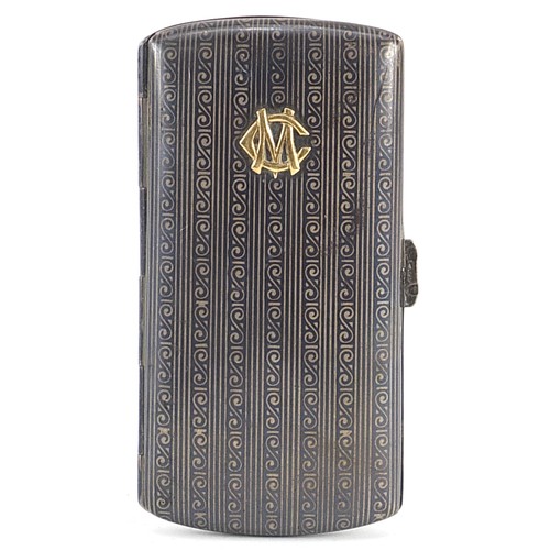 2273 - Rectangular silver niello work cigarette case with gilt interior and applied yellow metal initials, ... 