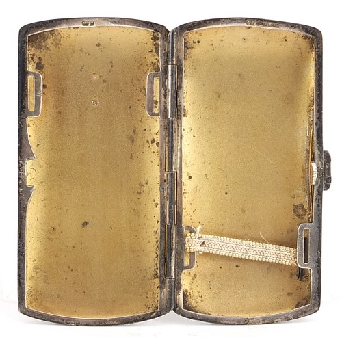 2273 - Rectangular silver niello work cigarette case with gilt interior and applied yellow metal initials, ... 