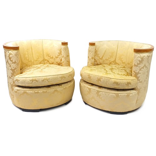 816 - Art Deco birds eye maple three piece suite with gold floral upholstery, the settee 165cm in length