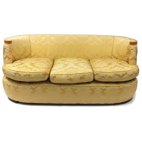 816 - Art Deco birds eye maple three piece suite with gold floral upholstery, the settee 165cm in length