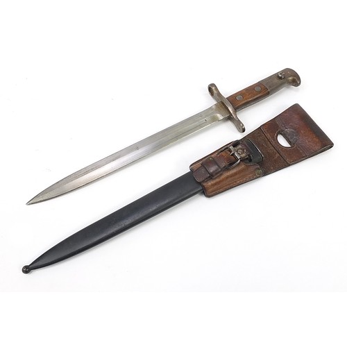 2360 - Swiss military interest bayonet with scabbard and leather frog, the steel blade impressed Waffenfabr... 