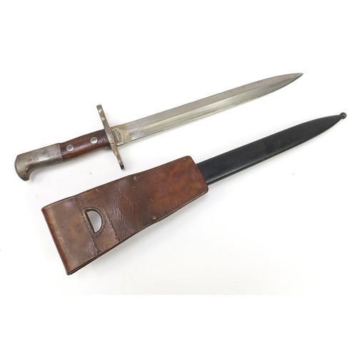 2360 - Swiss military interest bayonet with scabbard and leather frog, the steel blade impressed Waffenfabr... 