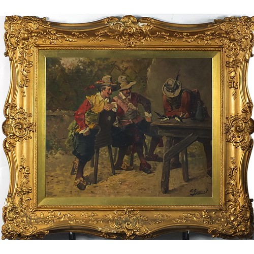 77 - G Appert - Three Musketeers seated at a table with birds, French school oil on canvas, mounted, fram... 