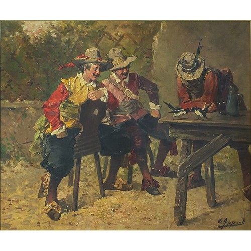 77 - G Appert - Three Musketeers seated at a table with birds, French school oil on canvas, mounted, fram... 