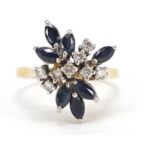 1976A - Unmarked gold diamond and sapphire flower head ring, size P, 5.6g