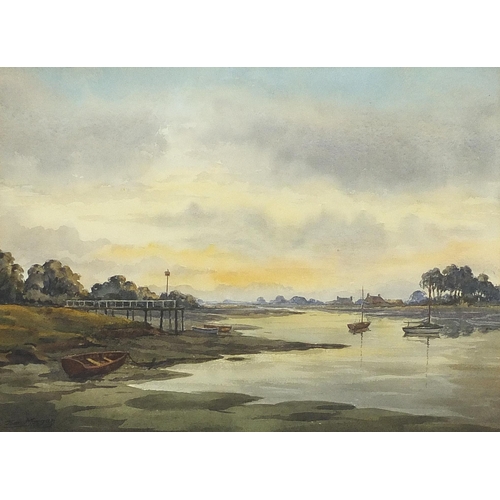 510 - Joan Morgan - Evening Light in Bosham Creek and one other, pair of watercolours, each with E Stacy M... 