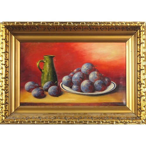32 - Still life fruit and vessels, Belgian school oil on canvas, indistinctly signed, possibly ...Bruk.. ... 