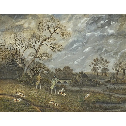 617 - Figures shooting with hounds before a landscape, 19th century Naïve school heightened watercolour on... 