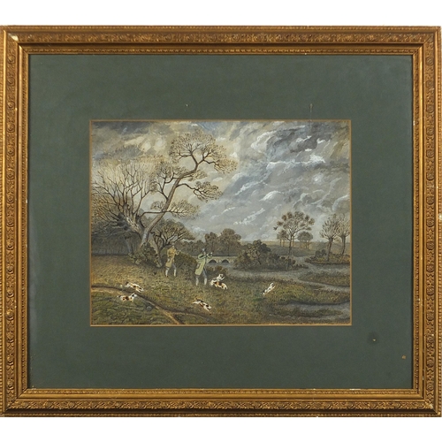 617 - Figures shooting with hounds before a landscape, 19th century Naïve school heightened watercolour on... 