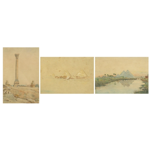 558 - Egyptian landscapes including pyramids, sphinxes and ruins, set of three early 20th century heighten... 