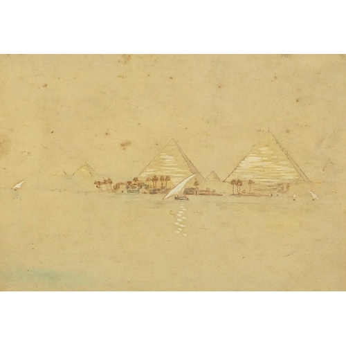 558 - Egyptian landscapes including pyramids, sphinxes and ruins, set of three early 20th century heighten... 