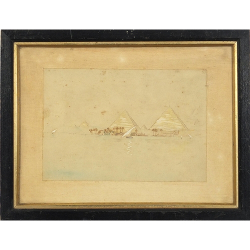 558 - Egyptian landscapes including pyramids, sphinxes and ruins, set of three early 20th century heighten... 