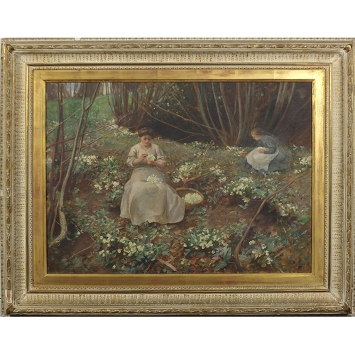 60 - Harry Watson 1907 - Two females picking flowers before woodland, Pre-Raphaelite school, oil on canva... 