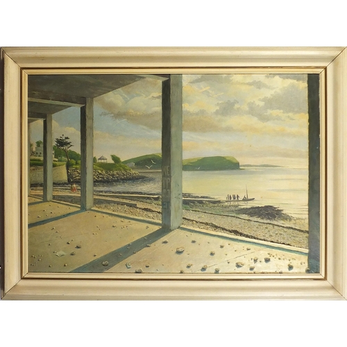 187 - Harold Bird - Coastal scene with figures, 1950s oil on board, mounted and framed, 72cm x 49cm exclud... 