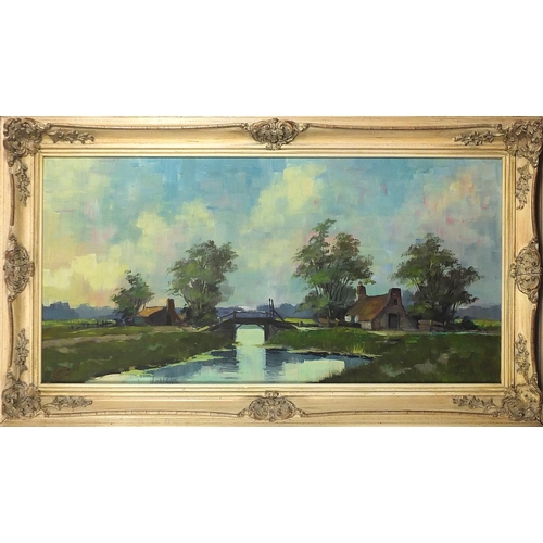 1009 - River landscape with farm buildings, oil on canvas, mounted and framed 80cm x 39.5cm excluding the m... 