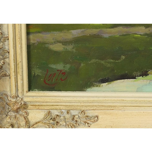 1009 - River landscape with farm buildings, oil on canvas, mounted and framed 80cm x 39.5cm excluding the m... 