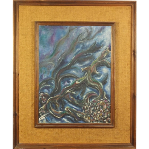 457 - Stella Forbes - Surreal composition, oil on board, mounted and framed, 60cm x 45cm excluding the mou... 