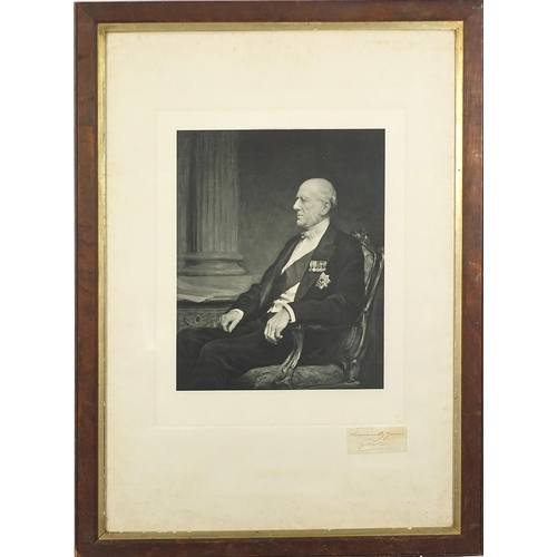 982 - Portrait of a seated gentleman wearing medals, black and white photographic print with indistinct in... 