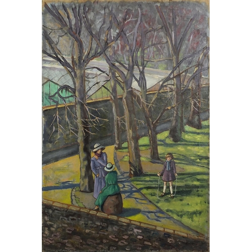 396 - Figures in a park with trees, Modern British oil on canvas, unframed, 92cm x 61cm