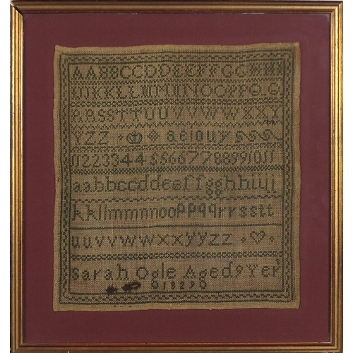 376 - Early 19th century embroidered alphabet sampler worked by Sarah Ogle aged 9, 1829, framed and glazed... 