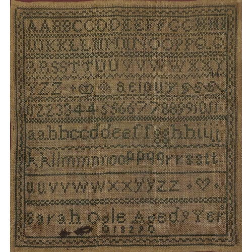 376 - Early 19th century embroidered alphabet sampler worked by Sarah Ogle aged 9, 1829, framed and glazed... 