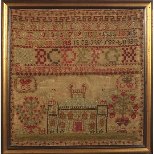 377 - Mid 19th century embroidered alphabet sampler decorated with flowers worked by Elizabeth Straig, 184... 