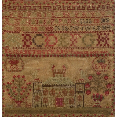 377 - Mid 19th century embroidered alphabet sampler decorated with flowers worked by Elizabeth Straig, 184... 