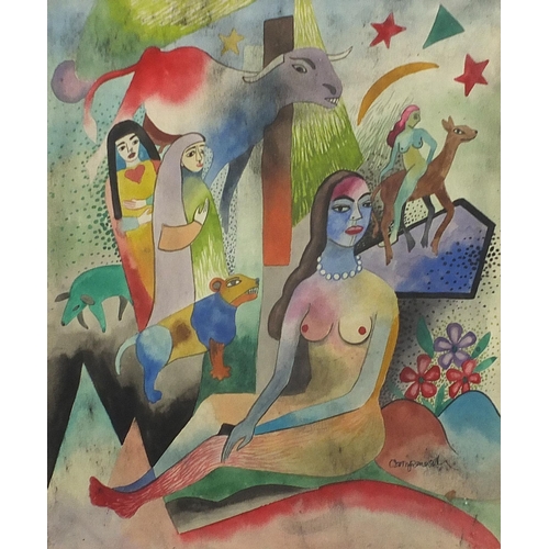 1010 - Surreal composition, female figures and animals before a landscape, watercolour, framed and glazed, ... 