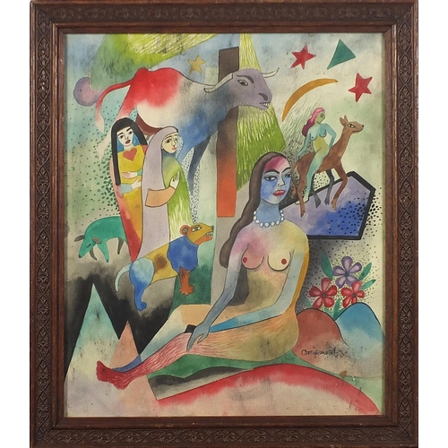 1010 - Surreal composition, female figures and animals before a landscape, watercolour, framed and glazed, ... 