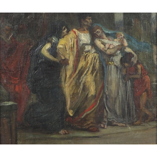 1008 - Figures surrounding a mother and child, classical style oil on board, indistinctly inscribed verso, ... 