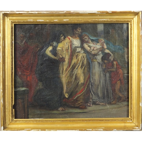 1008 - Figures surrounding a mother and child, classical style oil on board, indistinctly inscribed verso, ... 