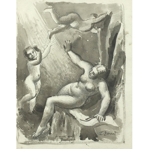 1007 - Nude female with cherubs, French school monochrome watercolour, framed and glazed, 33cm x 26cm exclu... 