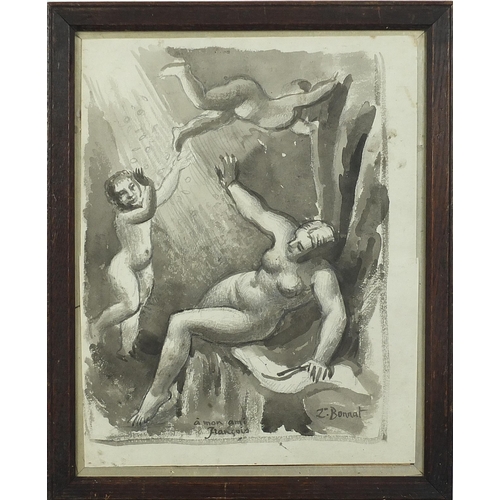 1007 - Nude female with cherubs, French school monochrome watercolour, framed and glazed, 33cm x 26cm exclu... 