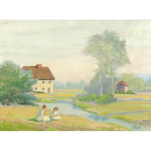 455 - After Charles Ebert - Rural landscape with two figures seated beside a stream, mounted and framed, 3... 