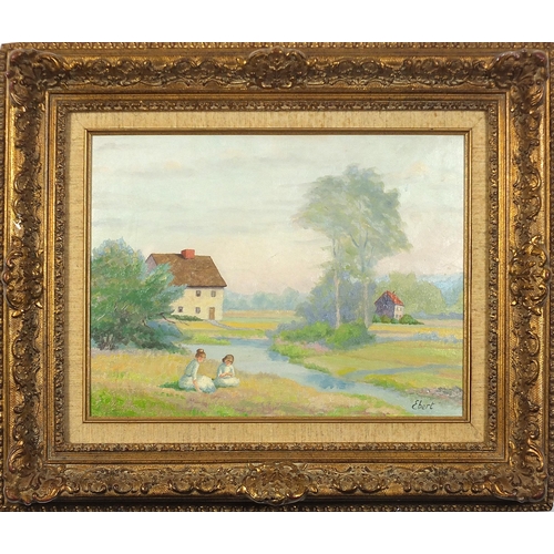 455 - After Charles Ebert - Rural landscape with two figures seated beside a stream, mounted and framed, 3... 