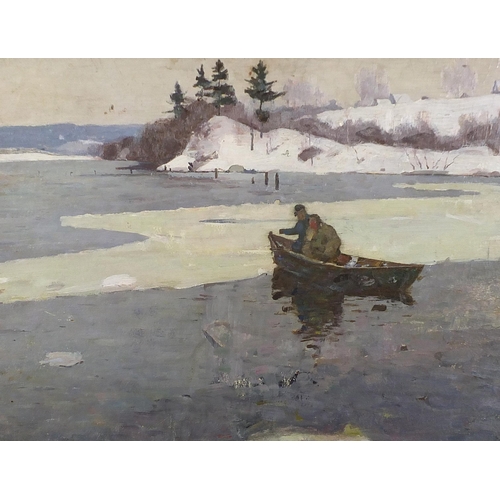 458 - Figures in a boat before a winter landscape, Russian school oil on board, mounted and framed, 57.5cm... 