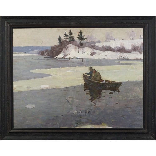 458 - Figures in a boat before a winter landscape, Russian school oil on board, mounted and framed, 57.5cm... 