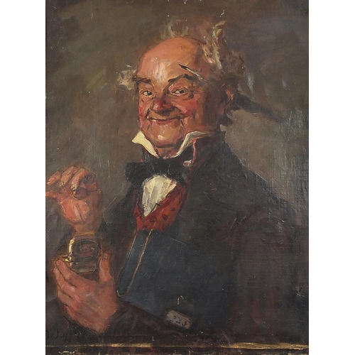 535 - Portrait of an elderly gentleman holding a book, oil on board, mounted and framed, 59cm x 43.5cm exc... 