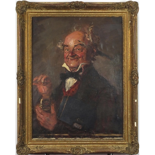 535 - Portrait of an elderly gentleman holding a book, oil on board, mounted and framed, 59cm x 43.5cm exc... 