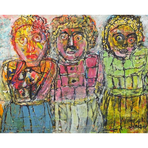 416 - The Three Spinsters - mixed media, inscribed verso Aldo Pasquali, mounted and framed, 49cm x 39cm ex... 