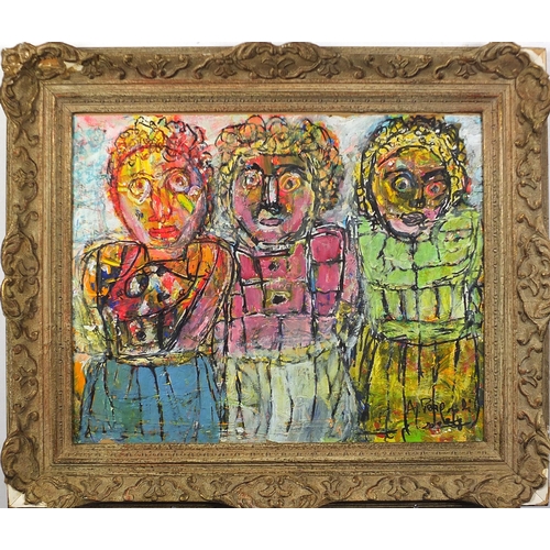 416 - The Three Spinsters - mixed media, inscribed verso Aldo Pasquali, mounted and framed, 49cm x 39cm ex... 