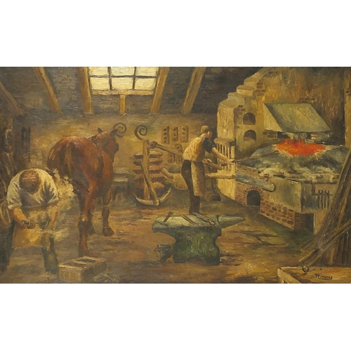 459 - Rimmy - Blacksmith and horse in a forge, oil on canvas, mounted and framed, 96cm x 60cm excluding th... 