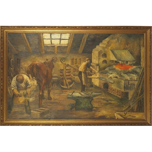 459 - Rimmy - Blacksmith and horse in a forge, oil on canvas, mounted and framed, 96cm x 60cm excluding th... 