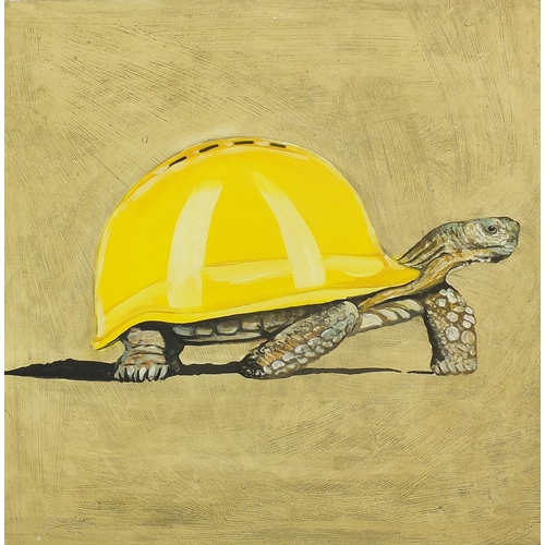 531 - Clive Fredriksson - Tortoise wearing a hard hat, comical oil on board, framed, 59cm x 59cm excluding... 