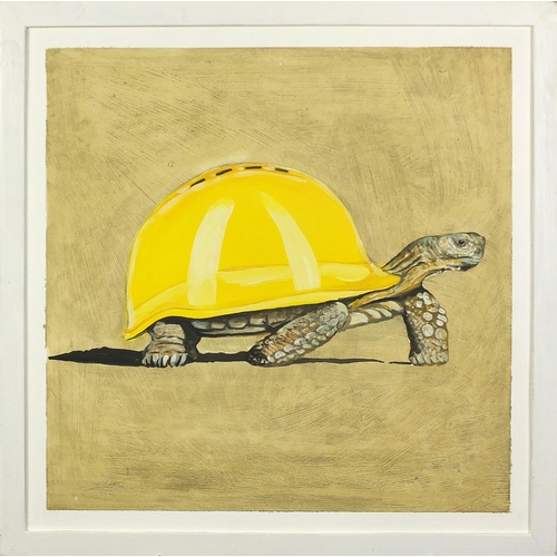 531 - Clive Fredriksson - Tortoise wearing a hard hat, comical oil on board, framed, 59cm x 59cm excluding... 