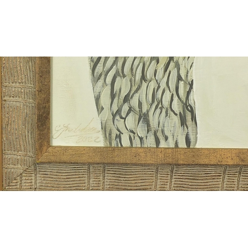 91 - Clive Fredriksson - Greylag geese, oil on board, framed, 49.5cm x 20cm excluding the frame