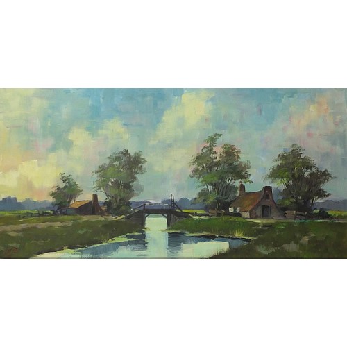 1009 - River landscape with farm buildings, oil on canvas, mounted and framed 80cm x 39.5cm excluding the m... 