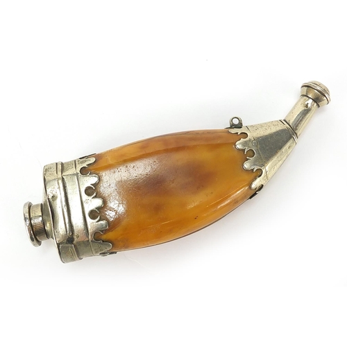 205 - Antique Islamic powder flask with amber coloured body, 12.5cm in length