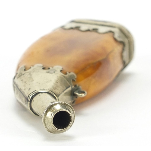 205 - Antique Islamic powder flask with amber coloured body, 12.5cm in length