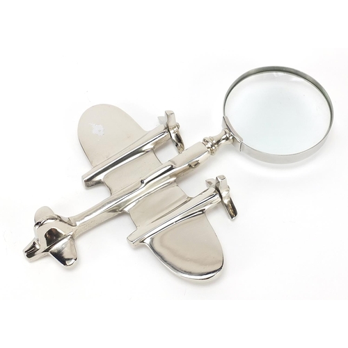 601 - Novelty silver plated magnifying glass in the form of an aeroplane, 23.5cm in length